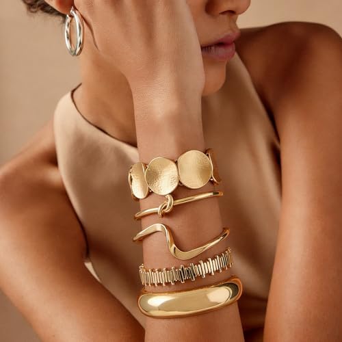 Mantveil 6PCS Chunky Gold Bangle Bracelets for Women, Dainty Gold Plated Cuff Bracelets, Boho Stackable Bangles Fashion Jewelry Gifts for Birthday Christmas Mother's Day