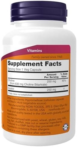 NOW Foods Supplements, Choline & Inositol 500 mg, Healthy Nerve Transmission*, Nervous System Health*, 100 Capsules (Pack of 2)