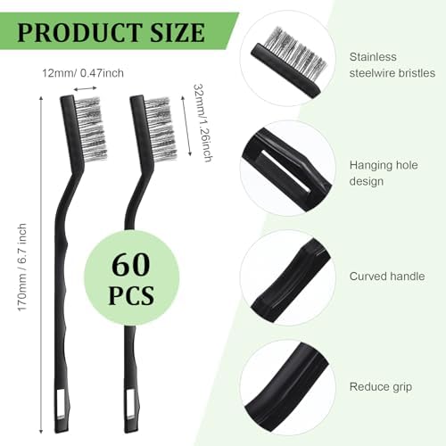 60 Pcs Mini Wire Brush Set Stainless Steel Wire Bristle Scratch Brush Small Metal Brush for Cleaning Curved Handle Masonry Welding for Cleaning Welding Slag and Rust Tool, Black, 6.7 Inches