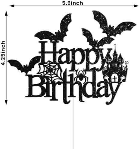 Bat Happy Birthday Cake Topper - Halloween Birthday Cake Decorations, Spooky Haunted House Bday Cake Topper, Happy Halloween Cake Decor Black Glitter