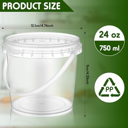 Mifoci 50 Pcs Food Clear Bucket Plastic Gallon Bucket Round Reusable Ice Cream Containers with Lids and Handles Airtight Clear Plastic Tub Freezer Reusable Pail for Popcorn Kitchen Drinks Home(24oz)
