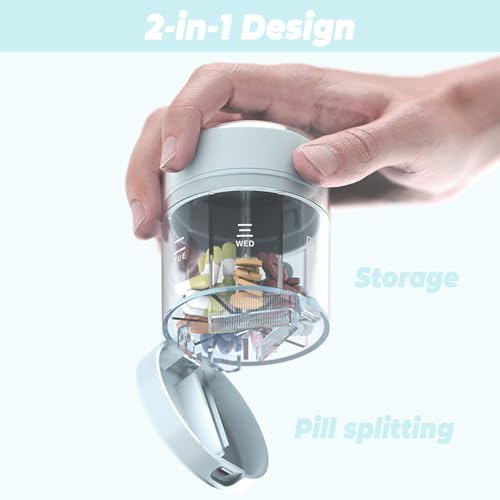 7 Day Weekly Travel Pill Box, 2-in-1 Travel Medicine Organizer and Pill Cutter for Home and Travel (Blue,1 Pack)