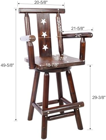 Swivel Bar Stool Wooden Pub Chair with Log-Style Armrests Footrest Decorative Back Tall Rustic Kitchen Dining Counter Seat Star Back Brown
