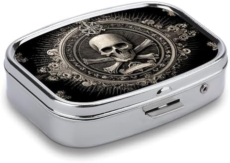 Metal 2 Compartment Pill Organizer Travel Friendly Portable Compact Pill Box Cute Pill Case,for Pocket Wallets Daily Portable Medicine Vitamin Tablet Storage (Skull)