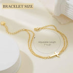 Gold Bracelets for Women 14K Gold Sideways Cross Bracelet for Women Religious Christian Bracelets for Womens Delicate Modern Stacked Look Double Layered Bracelet for Womens