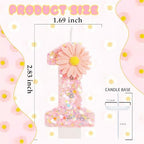 Pink Daisy Flower Number 1 Candle with Tray - Fairy First Birthday Decorations for Girls, 2.76 Inch Glitter Cake Topper for Princess & Garden Parties