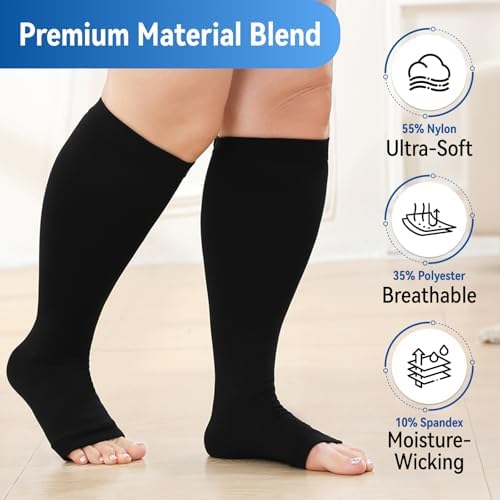 Plus Size Toeless Compression Socks 20-30mmHg Wide Calf for Men Women, Open Toe Stockings for Circulation, Edema, Varicose Veins, Nursing, Travel, Running(3 Pairs)