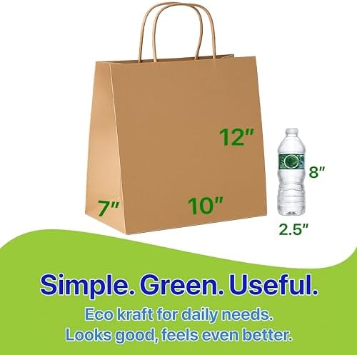 Brown Kraft Paper Lunch Bags with Handles – [25 Bags] x [12 x 10 x 7 Inch] Reusable & Recyclable, Strong for Meal Prep, To-Go, Takeout, Parties & Small Business Use (25, Wide Small)