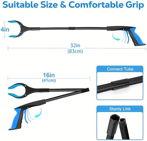 Grabber Reacher Tool - 32” Extra Long Foldable Gripper and Reaching Tool - Heavy Duty Pick Up Stick Grabbers for Seniors, Trash, Surgery Recovery Must Haves Gifts (Black Blue)