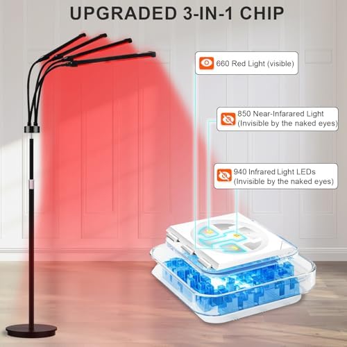 180LEDs Red Light Lamp with Stand, 660nm & 850nm & 940nm Red LED Lights with 4 Heads, Infra Light Lamps with Timer, Near Infrared Lamp for Home Use