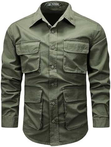 Mens Cargo Long Sleeve Shirts Casual Multi Pockets T Shirts Outdoor Loose Tooling Tops Cotton Lapel Button Down Shirts