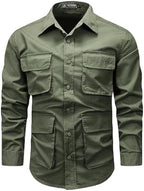 Mens Cargo Long Sleeve Shirts Casual Multi Pockets T Shirts Outdoor Loose Tooling Tops Cotton Lapel Button Down Shirts