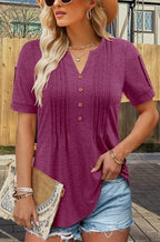 Women's Summer Knit Tops Short Sleeve V Neck Button Folded Front Soft Tunic Blouses