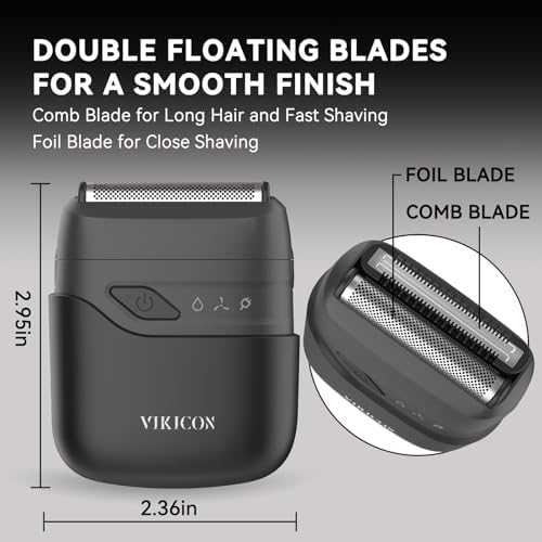 VIKICON® Electric Foil Shavers for Men, Compact Travel Face Shaver, Mini Razor for Shaving Face, Portable On-The-Go Shaver w/Dual Floating Blades, Close Shave Stubble Trimmer with USB-C Fast Charge
