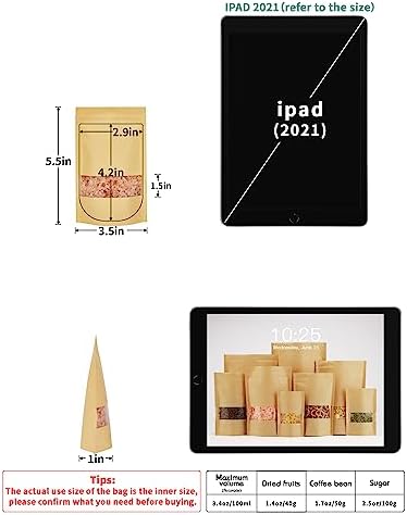 FireKylin 100 Pcs Brown Paper Bags with Window, 3.5" x 5.5" Stand Up Pouches, Zipper Food Storage Bags for Packaging Products, Reusable, Sealable