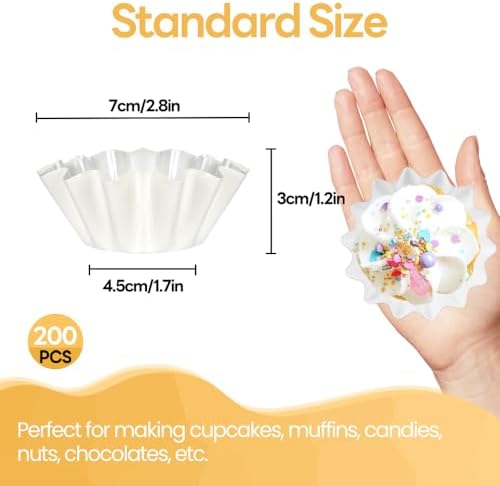 200 Pcs Wave Cupcake Liner, Flared Baking Cups, Paper Muffin Holder, Greaseproof Coated Wrappers for Tea Party Wedding Birthday Baby Shower Cake Candy Supplies (White+Brown)