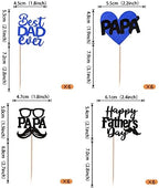 24 Pack Happy Father's Day Cupcake Toppers Glitter Best Dad Ever Cupcake Picks Love Dad Moustache Glass Cake Decorations for Happy Father's day Theme Men Birthday Party Supplies Black Blue