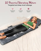 Full Body Massage Mat with Heat, Independent Shiatsu Neck Massager Pillow, 10 Vibration Motors, 5 Modes & 3 Intensities, Foldable Back Massage Pad with 15-Min Auto Off for Home & Office
