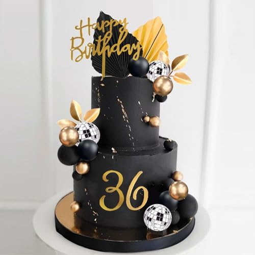 40Pcs Black Gold Balls Cake Topper Man Cake Decorations with Disco Balls Palm Leaves Acrylic Numbers 0-9 and Happy Birthday Cake Topper for Men Boy Black Theme Birthday Baby Shower Party Supplies
