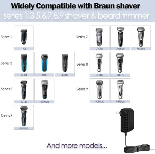 12V Charger for Braun Series s3 s5 s6 s7 s8 s9 Shaver, Charger Cord Wall Power Adaptor Replacement Compatible with Braun Beard Trimmer Electric Razor 5544 Z20 5513 310s 3040s