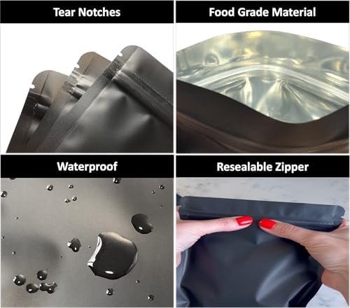 50 Pack Matte Black Mylar Flat Food Storage Bags - 5.1mil 8x12 Inches Smell Proof Resealable Pouch Bag, Sealable Foil Packaging Zipper Pouches