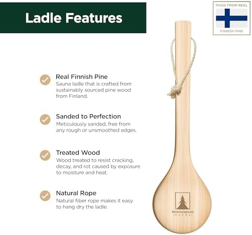 Northwood Sauna - Sauna Ladle - Handmade from Finnish Pine Wood - Natural Rope - 16″ Handle & 5 oz (150 mL) Capacity Spoon