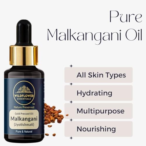Malkangani Oil (Celastrus paniculatus/Jyotishmati) 100% Natural Cold Pressed Carrier Oil For Face, Skin, Hair, Body | with Glass Dropper 1.01 Fl Oz (30ml)