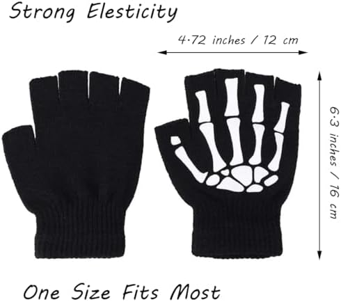 Gloves Skeleton Halloween Winter Skull Fingerless Night Luminous Ghost Claw Gloves Exposed Half Finger Elastic Mittens for Cosplay Costume Party Kids Adults