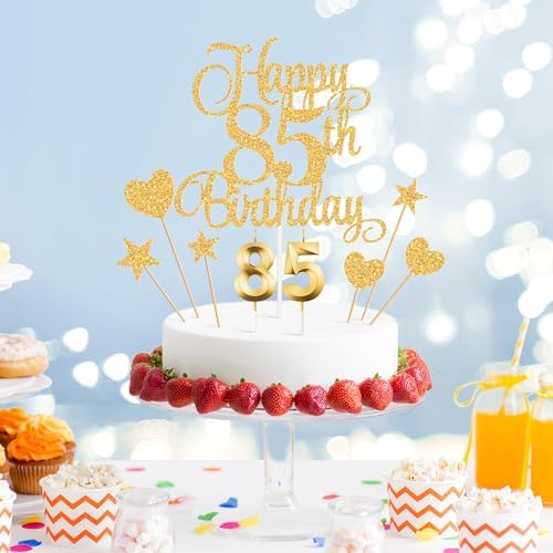85th Birthday Cake Decorations, 85th Birthday Candles Cake Numeral Candles and Glitter Happy 85th Birthday Cake Toppers Set for Birthday Party Supplies (Gold)