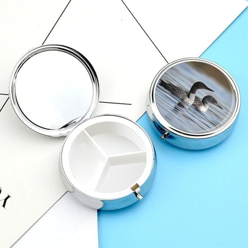 Loon Birds Pill Box - Portable Pill Organizer with 3 Compartment and Small Mirror, Travel Pillcase for Pocket Or Purse Round Medicine Organizer Decorative Vitamin Organizer