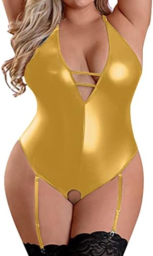 Women Plus Size Faux PU Leather Lingerie Set with Garter Belt Sexy V Neck Cutout Teddy Babydoll Bodysuit Nightwear