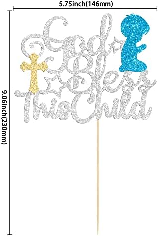 Gyufise 1Pc God Bless This Child Cake Topper Baptism Cake Decoration Silver Glitter First Communion God Bless Boy Cake Pick Decoration for Baptism Baby Shower Birthday Christmas Party