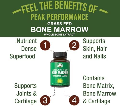 Peak Performance Grass Fed Bone Marrow - Whole Extract Supplement 180 Capsules - Superfood Pills Rich in Collagen, Vitamins, and Amino Acids - from Matrix Cartilage - Ancestral Tablets