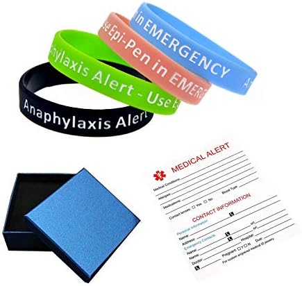 Lyndong 4 Pack Anaphylaxis Alert Bracelet Use Epi-Pen in Emergency Silicone Medical Alert Awareness Identification Wristbands for Man Women
