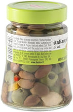 FRATELLI D'AMICO Italian Olives Mix, Pitted with garlic and red and yellow peppers, Gourmet Mediterranean Mixed Olive Trio in Oil, 9.9 oz / 280g, Product of Italy