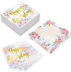 WRAPAHOLIC 50Pcs Gold Floral Happy Birthday Napkins - 3 Ply Disposable Paper Luncheon Napkin for Birthday Tableware Party Supplies - 6.5 x 6.5 In