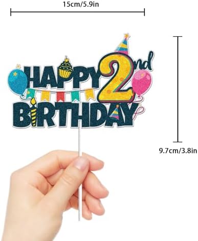 2nd Birthday Colorful Glitter Cake Topper - Happy Second Birthday Party Decorations - Large Indoor/Outdoor Supplies