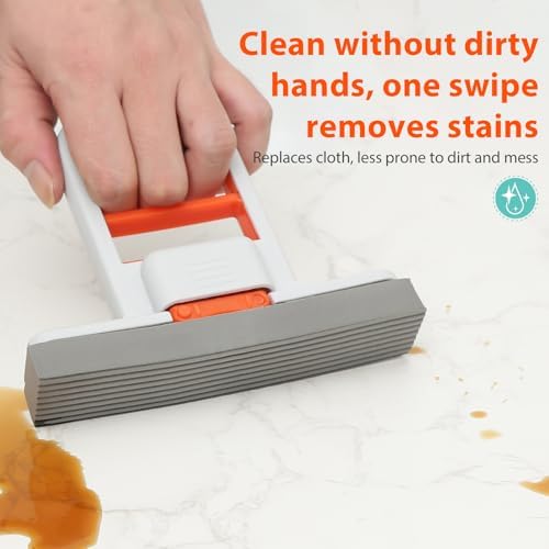 Self Squeezing Mini Mop, Orange Small Sponge Mop, Wet and Dry Use Cleaning System, Foldable Desktop Mop, One-Hand Squeeze Handle and Replaceable Head