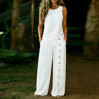 Linen Sets for Women 2 Piece Button Sleeveless Tank Tops with Wide Leg Pants Matching Set Casual Beach Outfits