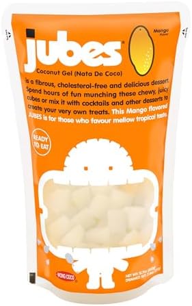 Jubes Mango Nata De Coco Jelly Cubes 12.7 oz - Mango Coconut Jelly Cubes for Sago - Coconut Gel in Syrup Toppings for Fruit Tea, Boba, Bubble Tea, Drinks, Desserts Yogurt, Ice Cream, Beverage