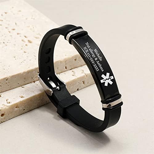 Personalized Silicone Medical Alert Bracelet Adjustable Disease Allergies Diagnose Identity ID Bangle Meds Emergency ICE Customized Jewelry for Women Men Teens