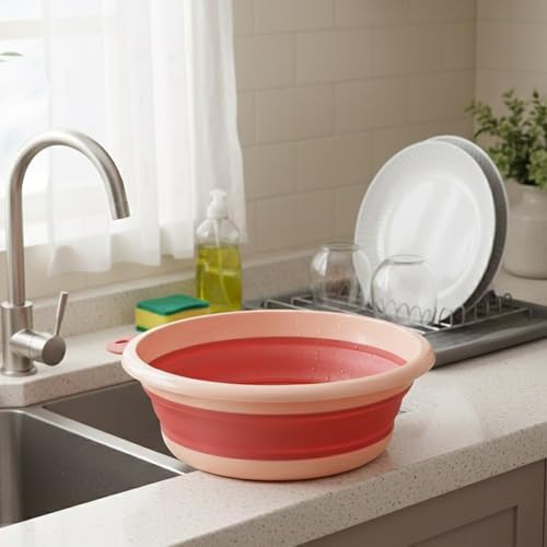 Collapsible Wash Basin Set (2 Pack) - Round Portable Foldable Plastic Basins for Laundry, Travel, Camping - Small & Medium Sizes (Orange)