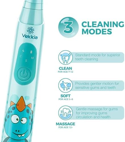 Vekkia Sonic Rechargeable Kids Electric Toothbrush, 3 Modes with Memory, Fun & Easy Cleaning, 24000 Strokes, IPX7 Waterproof, 2-Min Timer for Age 5+, 4 Soft Bristles(Blue)