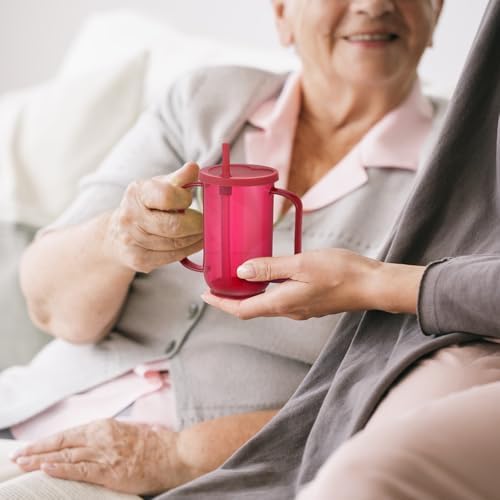Sliner Adult Sippy Cups for Elderly 12 oz Straw Sippy Cups with 2 Handles No Spill for Adults Spill Proof Dysphagia Cup for Disabled Patients(Red)