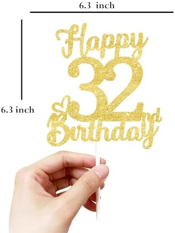32 Birthday Cake Toppers - Gold Glitter, 32nd Birthday Decorations for Men & Women