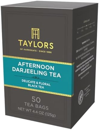 Taylors of Harrogate Afternoon Darjeeling, Black Tea, Pillow Bags 50 Count (Pack of 1), Delicate, Sweet & Floral, Caffeinated, Enjoy Hot or Iced, 50 Teabags