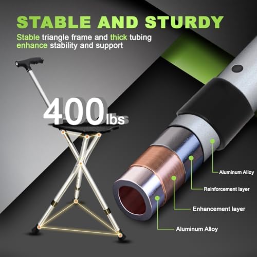 BigAlex Alloy Folding Cane with Seat, Lightweight Adjustable Walking Cane with Seat, Cane Seat with LED for Seniors, Cane Chair for Woman/Man,Anti-Slip Walking Stick for Seniors
