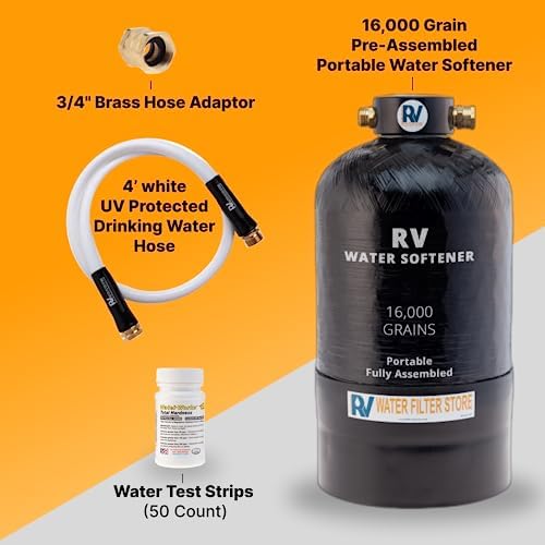 Essential RV Water Softener Portable 16,000 Grain w Custom Hose, Long Lasting for RVers Vanlife, 3/4" Fittings, Softens Hard Water When Traveling or Mobile Spot Reducing Car Washing