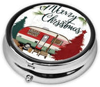 (Farmhouse Christmas) Round Pill Box,3 Compartment Pill Box Mini Decorative Pocket Purse Portable Travel Medicine Tablet Vitamin Holder Organizer Pill Case