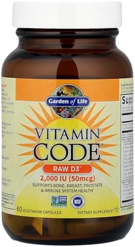 Garden of Life Vitamin D, Vitamin Code Raw D3, Vitamin D 2,000 IU, Raw Whole Food D3 Supplements with Chlorella, Fruit, Veggies & Probiotics for Bone & Immune Health, 60 Vegetarian Capsules